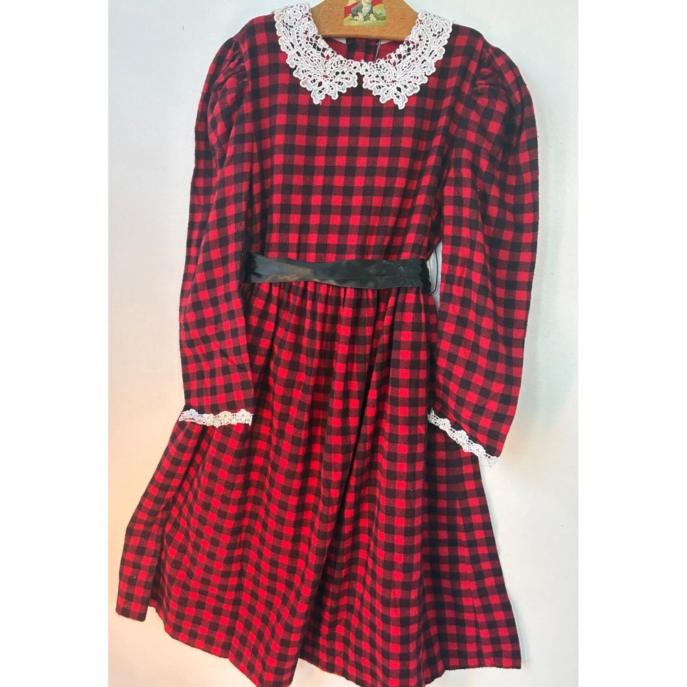 Vintage Sarah Kent Plaid Lace Collar‎ Dress Girls 8 Red Black Excellent